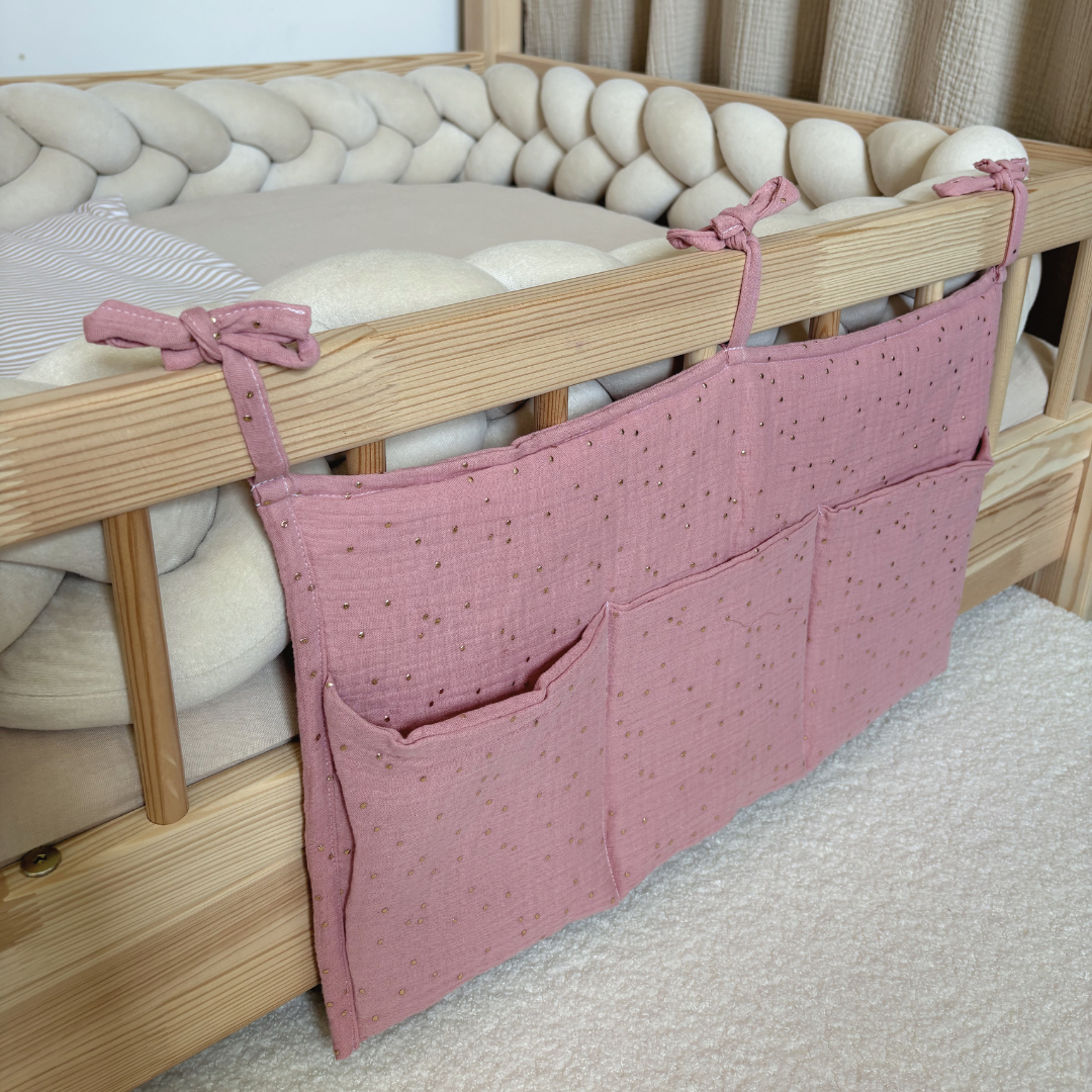 Pochette de rangement lit - Rose pois dorés