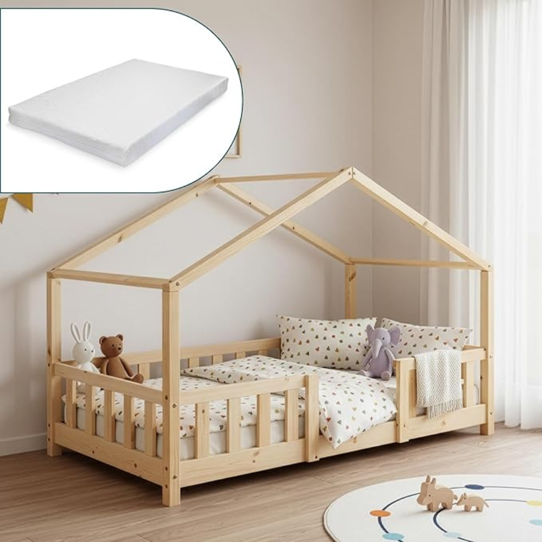 Lit cabane en bois naturel avec barrière et matelas 90x200cm
