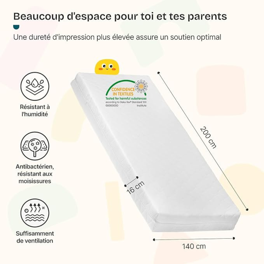 Pack grand lit cabane avec barrière + matelas 140x200cm
