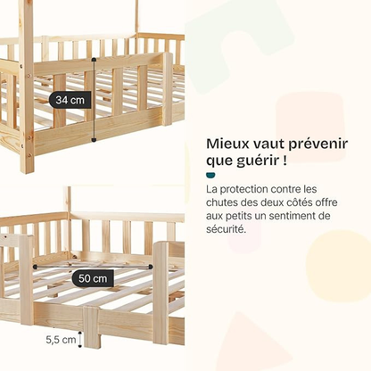 Lit cabane avec barrière + matelas 70x140cm - Bois naturel