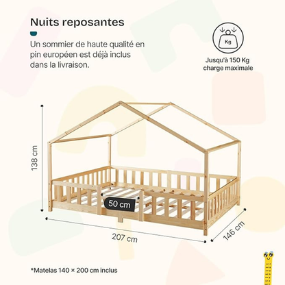 Grand lit cabane double avec barrière - 140x200cm - Bois naturel