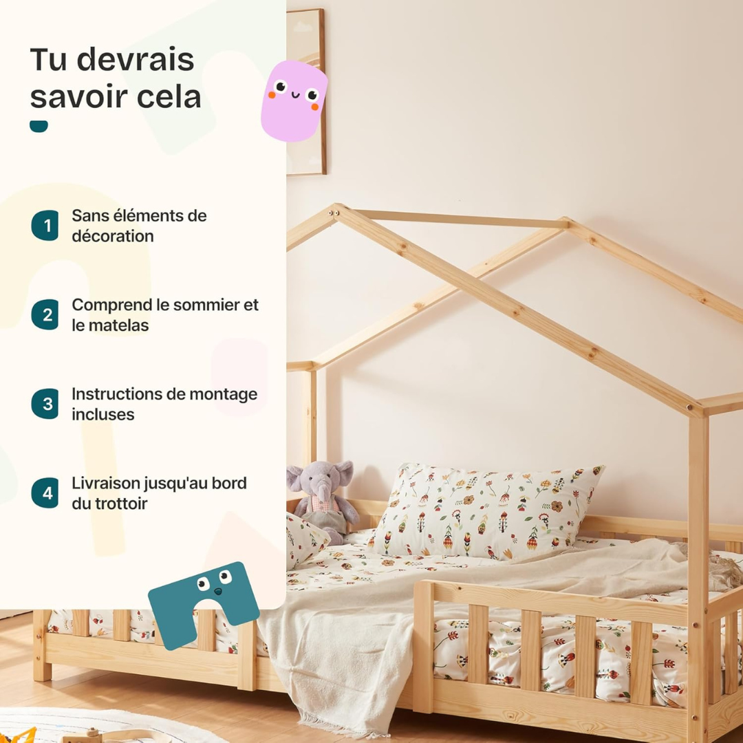 Lit cabane avec barrière + matelas 70x140cm - Bois naturel