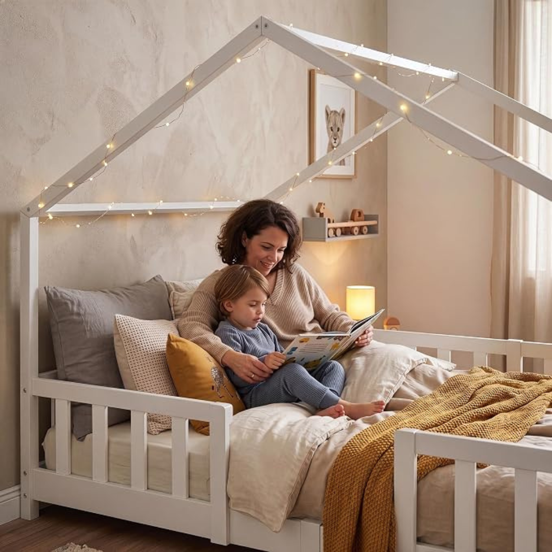 Grand lit cabane double avec barrière - 140x200cm - Blanc