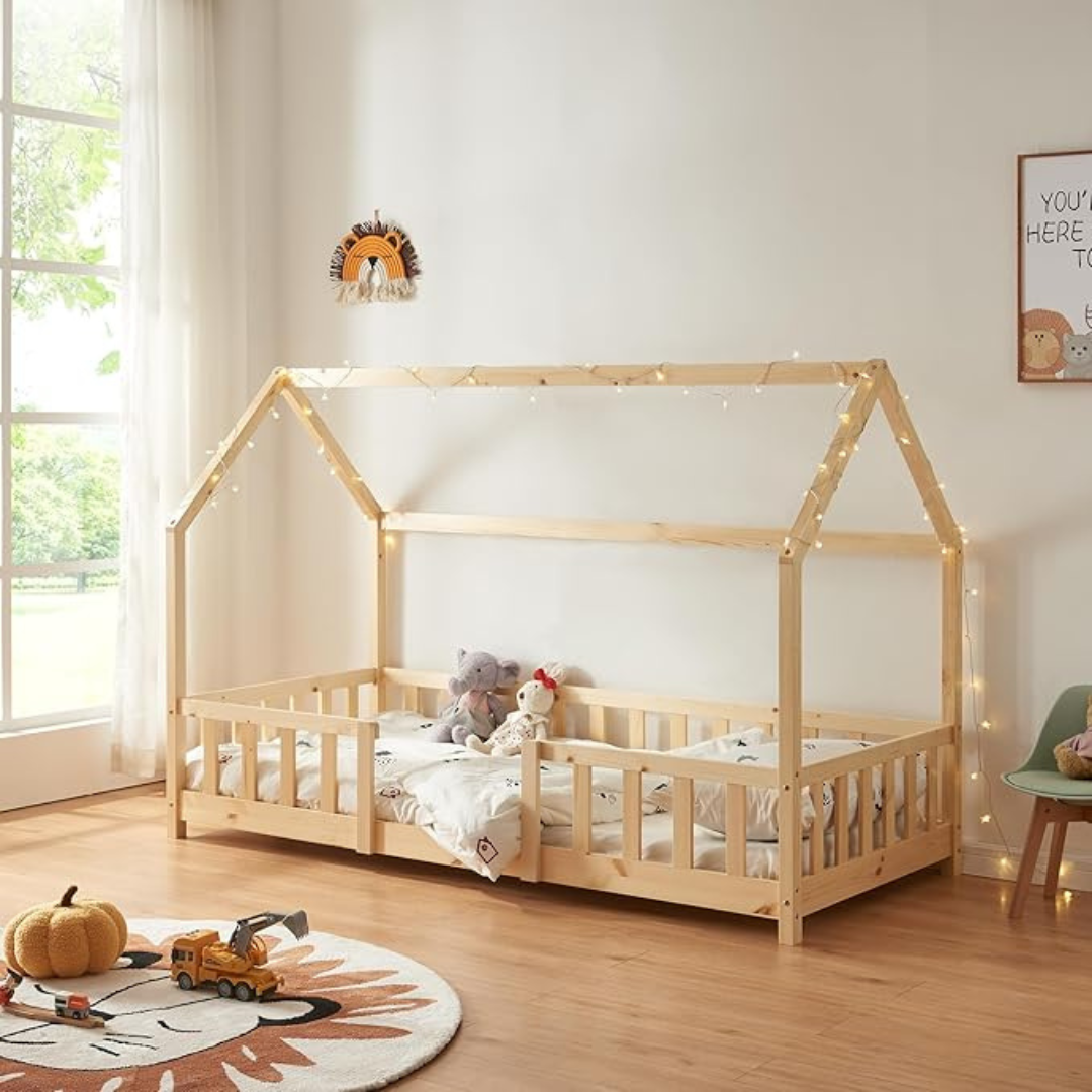 Lit cabane avec barrière + matelas - 90x200cm - Bois naturel