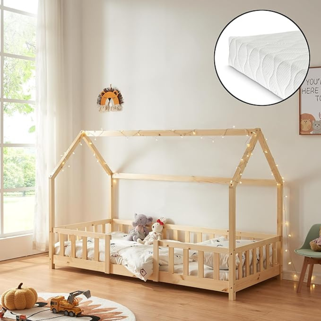 Lit cabane avec barrière + matelas - 70x140cm - Bois naturel
