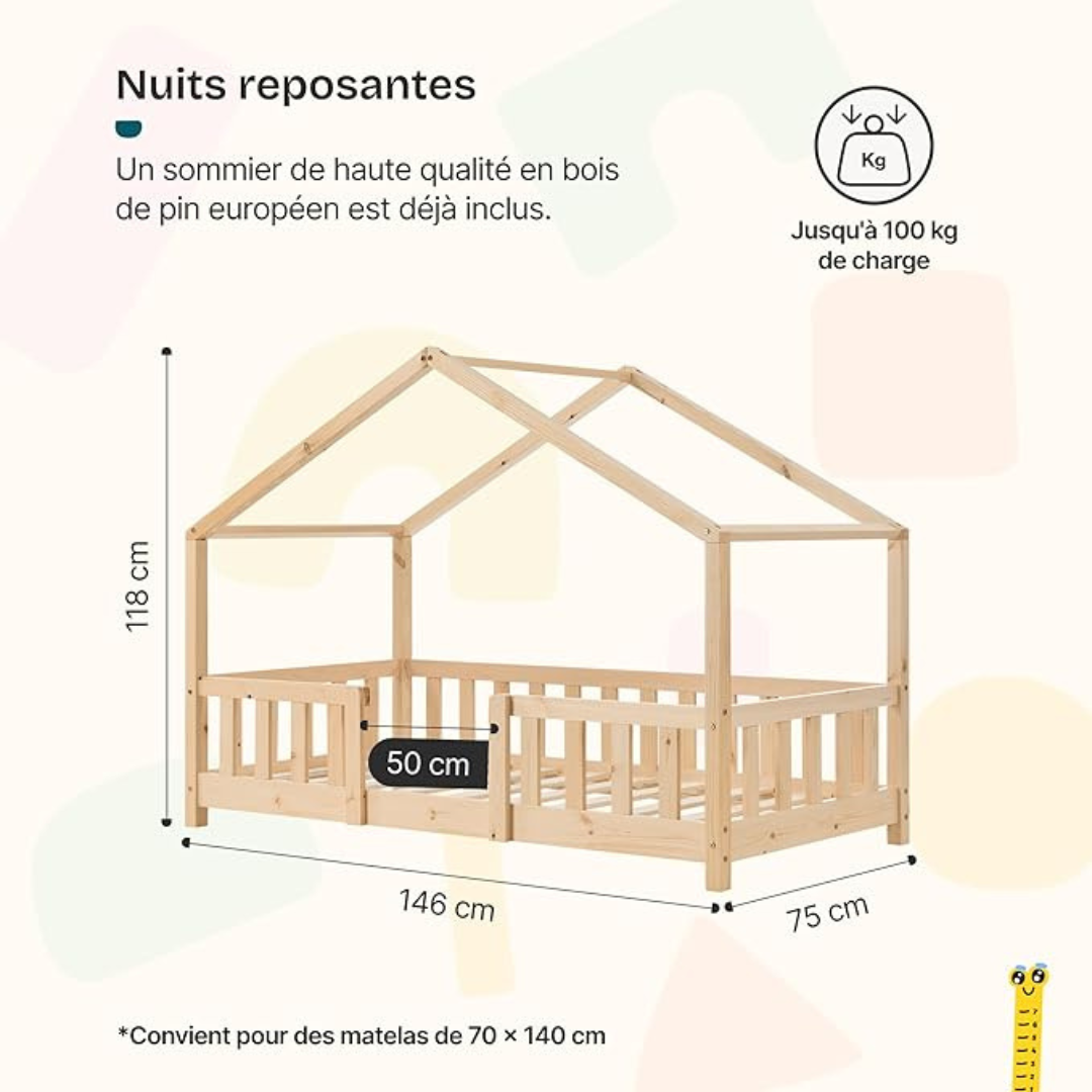 Lit cabane avec barrière 70x140cm - Bois naturel