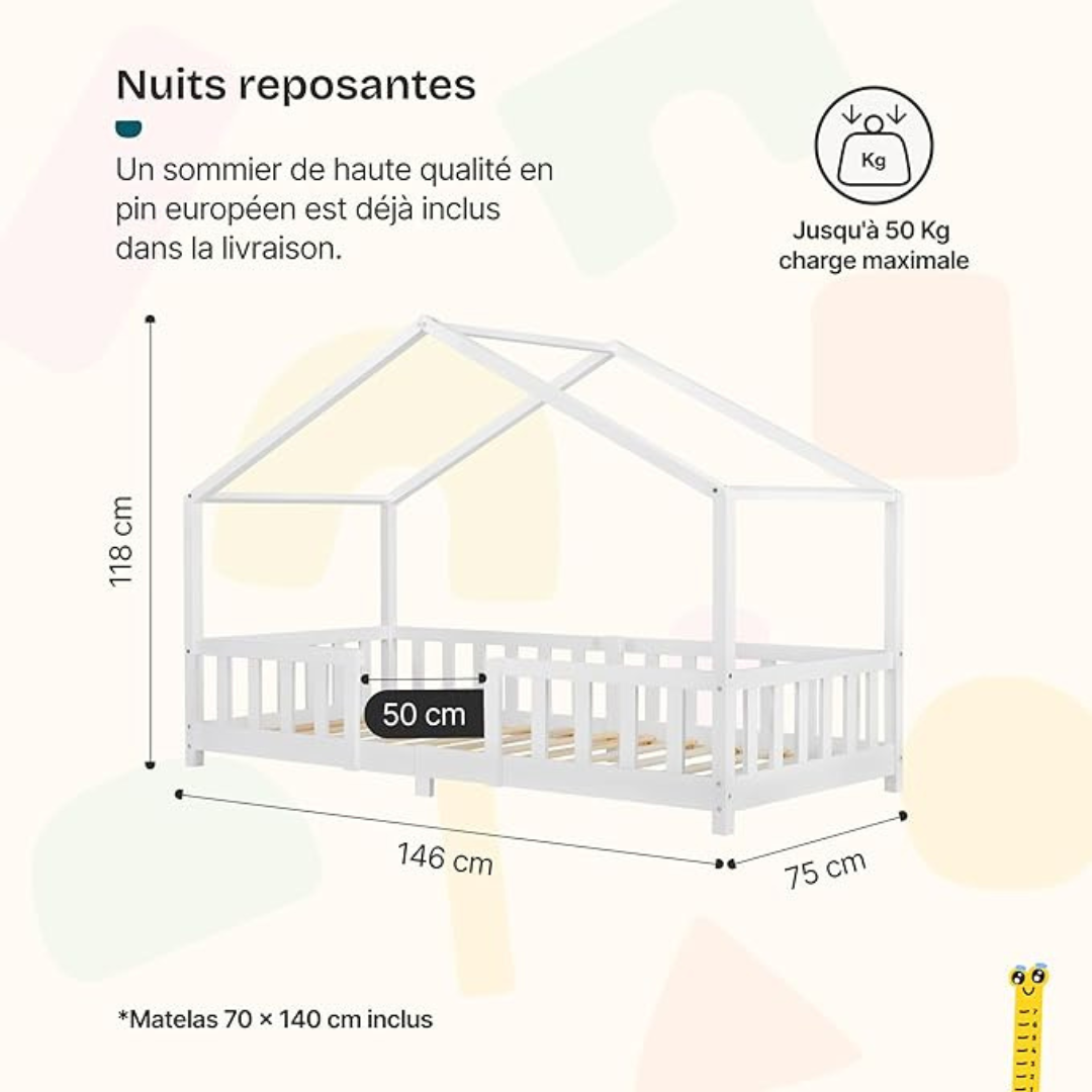 Lit cabane avec barrière + matelas - 70x140cm - Blanc
