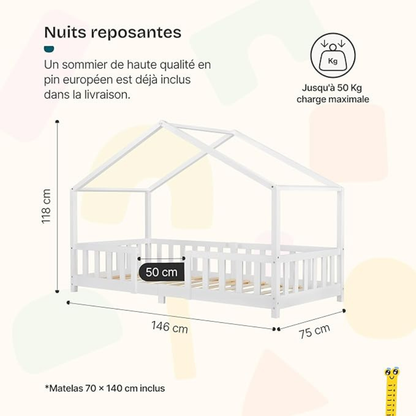 Lit cabane avec barrière + matelas - 70x140cm - Blanc
