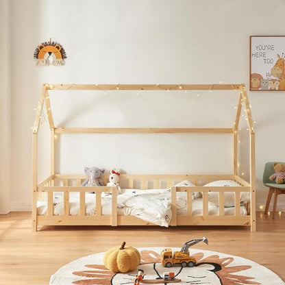 Lit cabane avec barrière 90x200cm Bois naturel