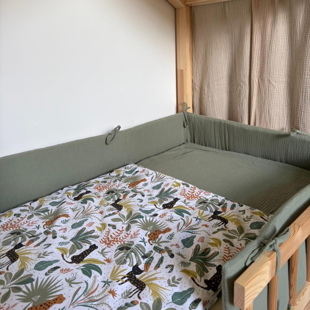 Tour de lit cabane double gaze vert kaki