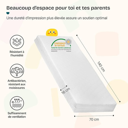 Lit cabane avec barrière + matelas - 70x140cm - Blanc