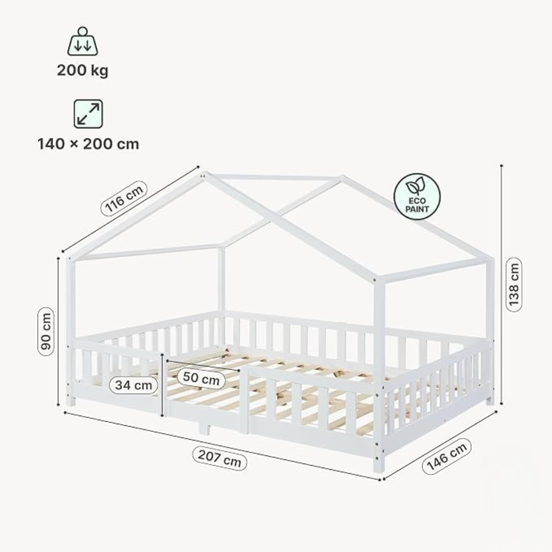 Grand lit cabane double avec barrière - 140x200cm - Blanc