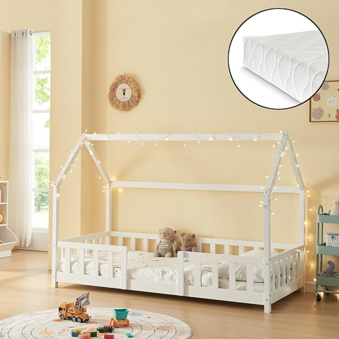 Grand lit cabane Montessori avec barrière + matelas - 120x200cm - Blanc