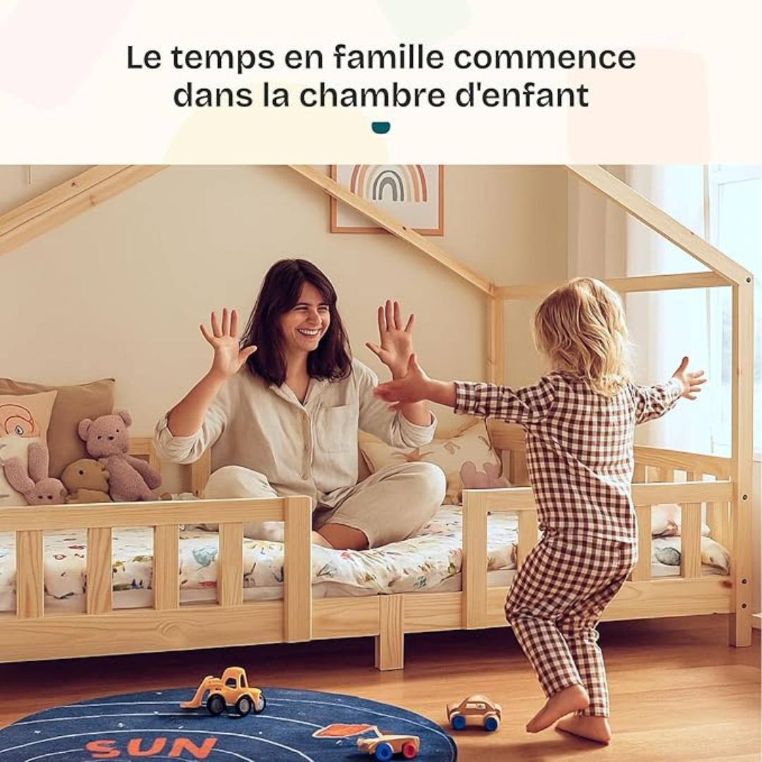 Lit cabane enfant en bois avec barrière 80x160cm