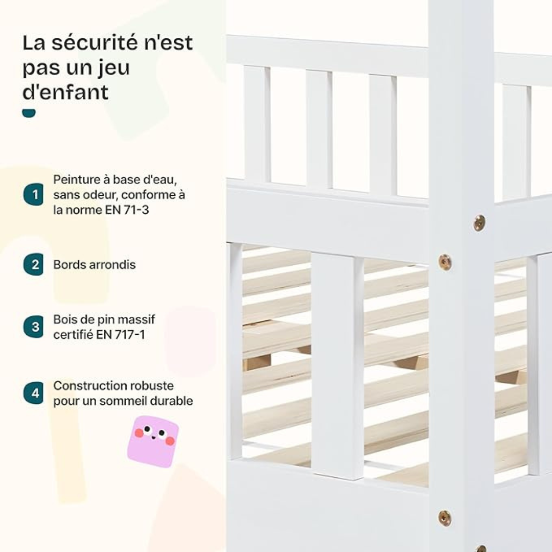 Grand lit cabane avec barrière et matelas - 120x200cm - Blanc