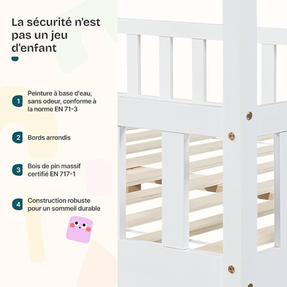 Lit cabane avec barrière + matelas - 90x200cm - Blanc
