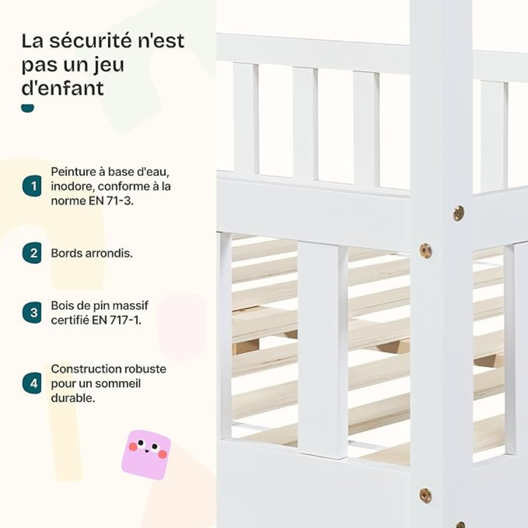 Grand lit cabane double avec barrière - 120x200cm - Blanc