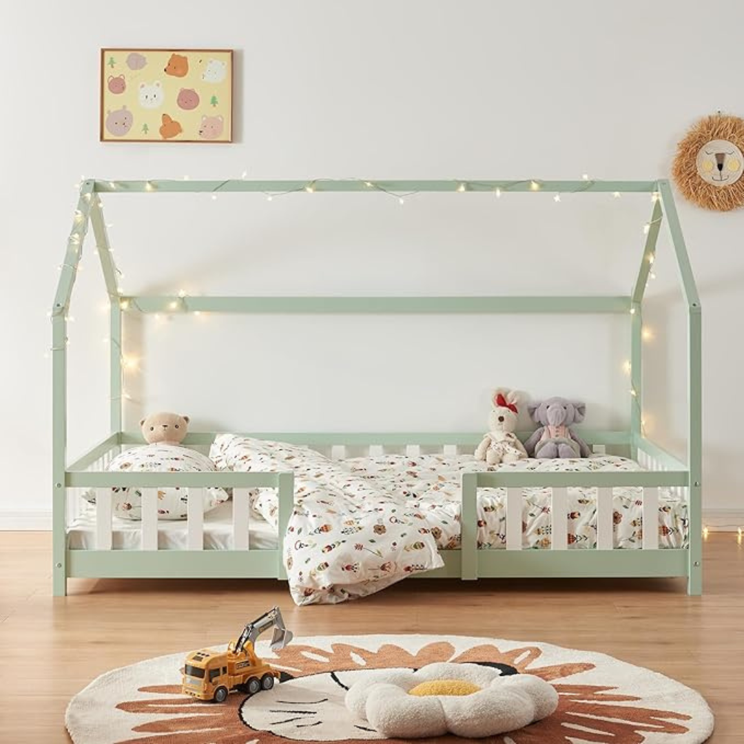 Lit cabane avec barrière - 90x200 cm - Vert menthe