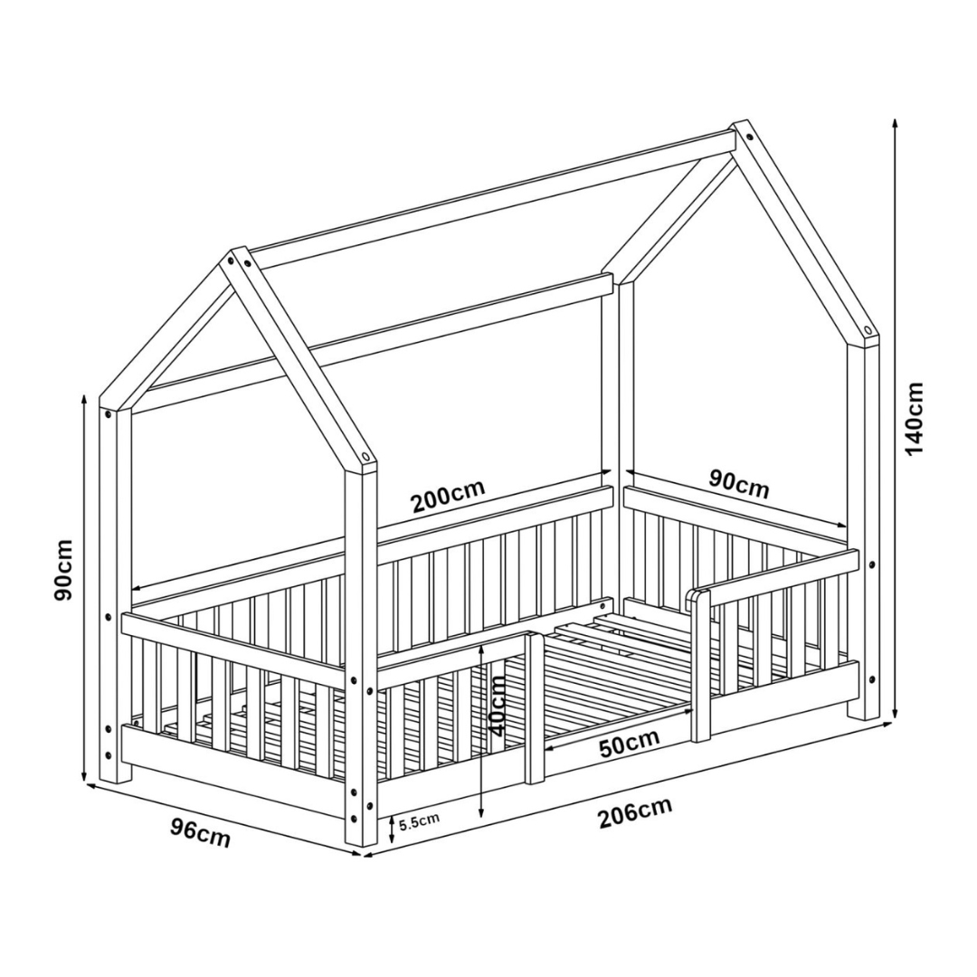 Hutbed met slagboom + matras - 90x200cm - Wit