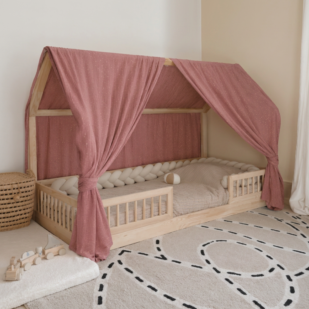 Ciel de lit cabane (pack de 2) Rose pois dorés