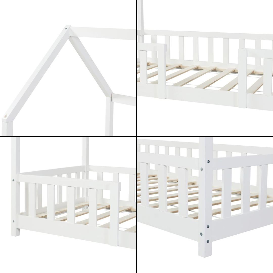 Lit cabane avec barrière + matelas - 90x200cm - Blanc