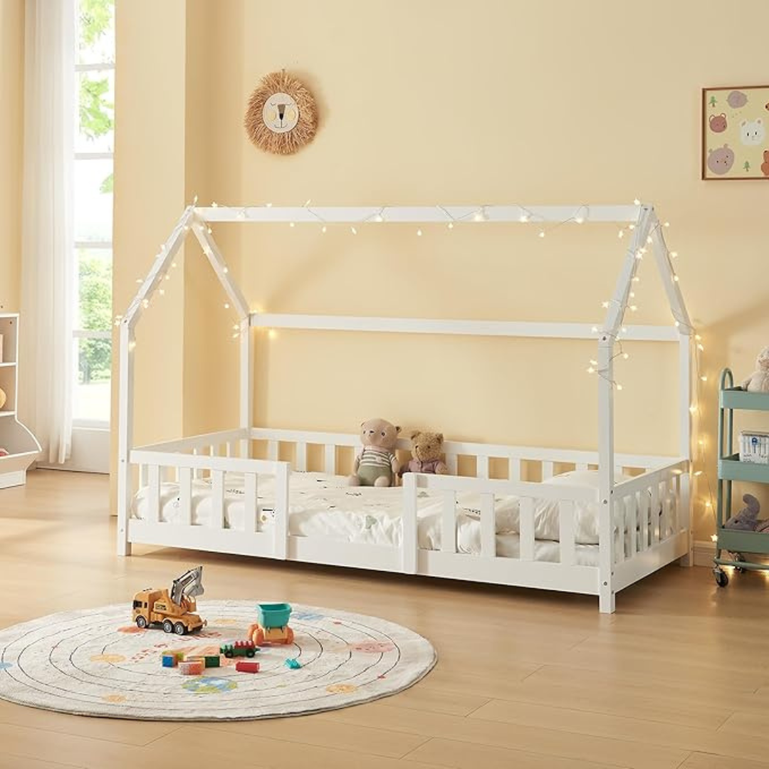 Grand lit cabane Montessori avec barrière + matelas - 120x200cm - Blanc