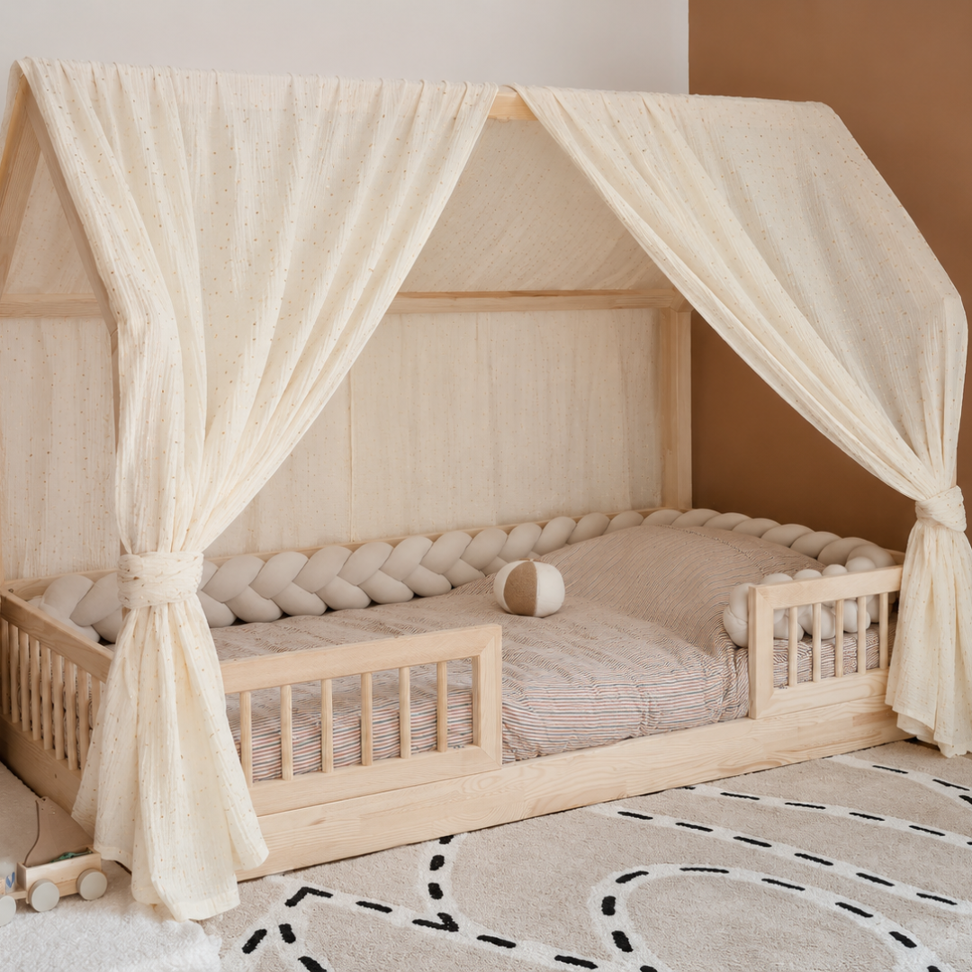 Ciel de lit cabane (pack de 2) Ecru pois dorés en stock