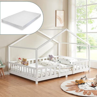 Grand lit cabane double avec barrière et matelas - 140x200cm - Blanc