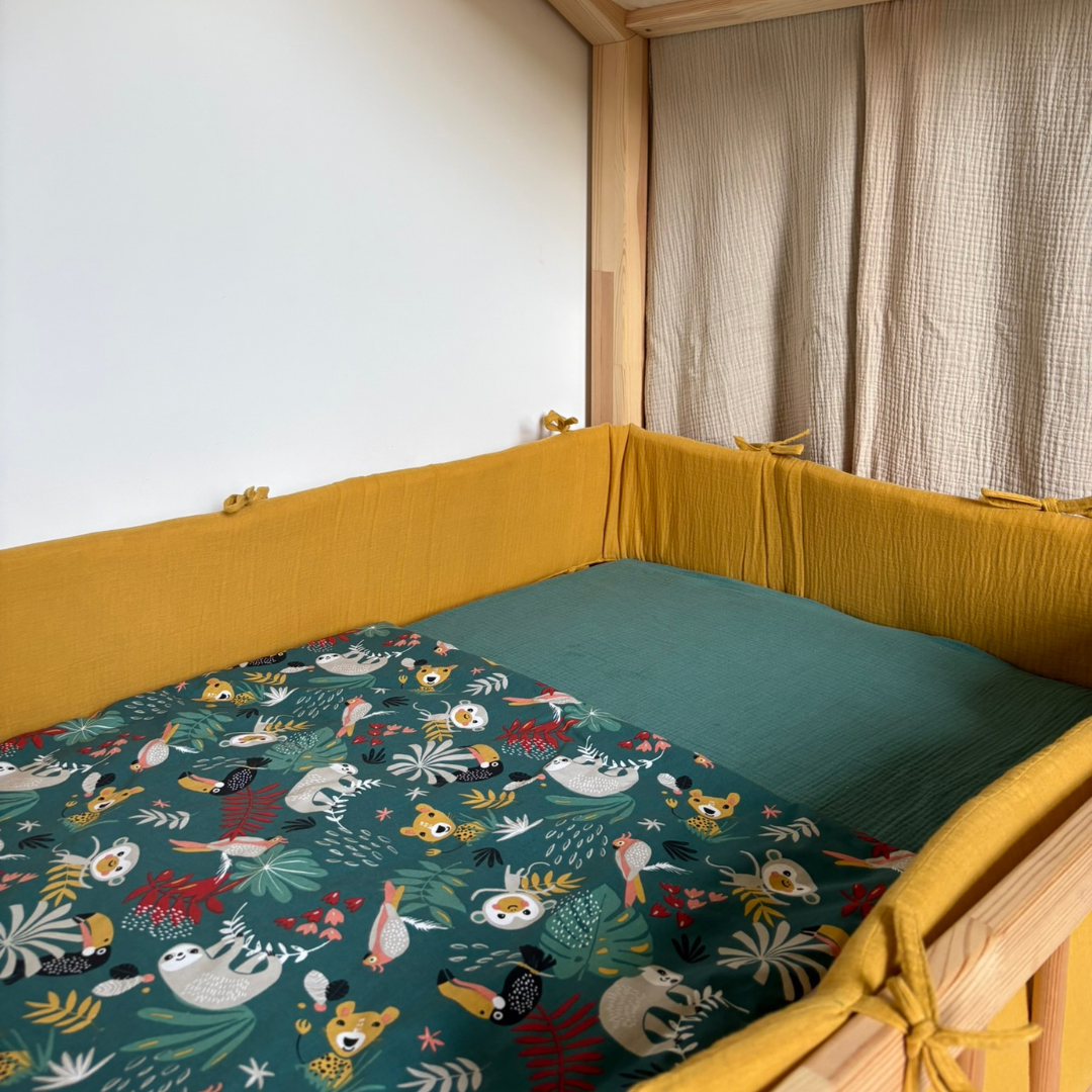 Tour de lit cabane double gaze jaune moutarde