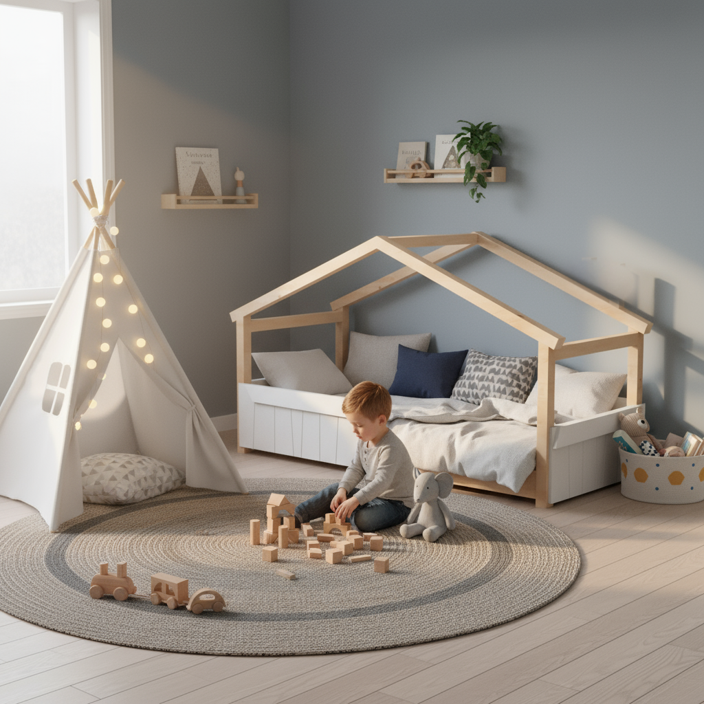 Lit cabane Montessori avec barrière