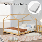 Grand lit cabane double avec matelas - 140x200cm - Bois naturel