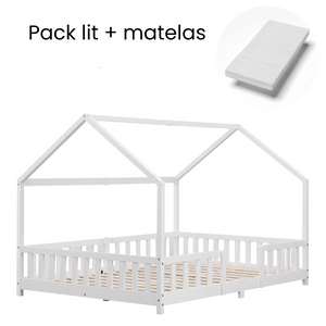 Grand lit cabane avec barrière et matelas - 140x200cm - Blanc