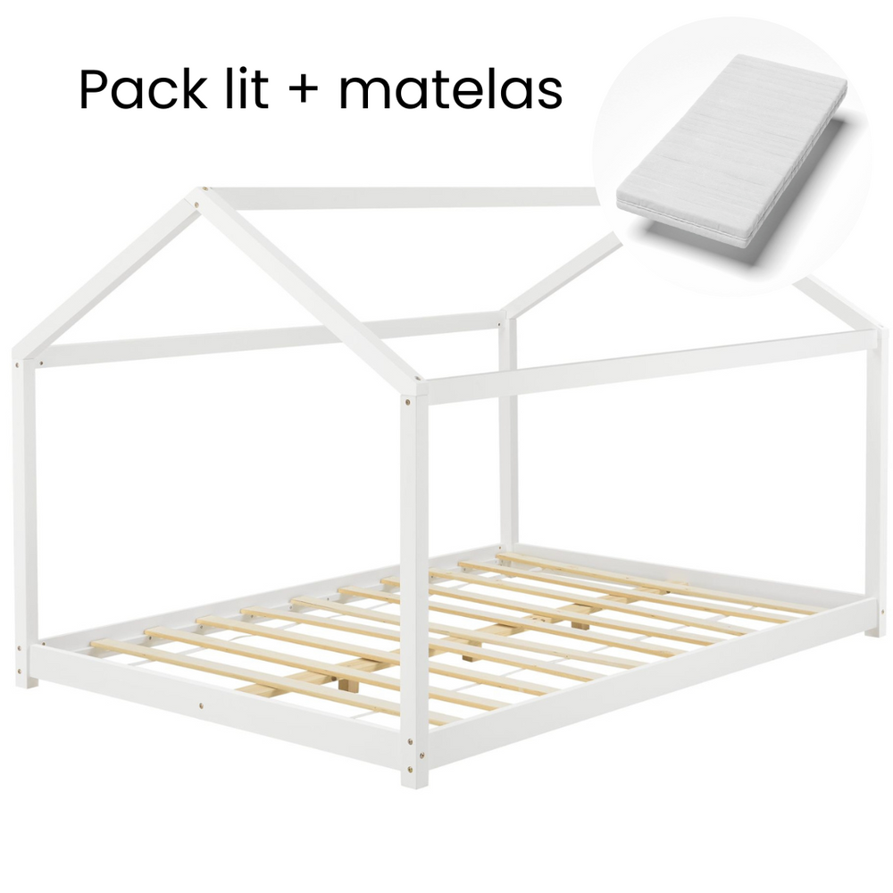 Grand lit cabane double Montessori avec matelas - 140x200cm - Blanc