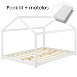 Grand lit cabane double Montessori avec matelas - 140x200cm - Blanc