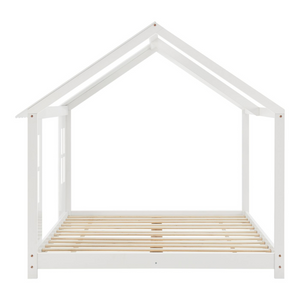 Grand lit cabane double avec matelas - 140x200cm - Blanc