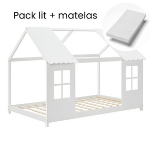 Grand lit cabane double avec matelas - 140x200cm - Blanc