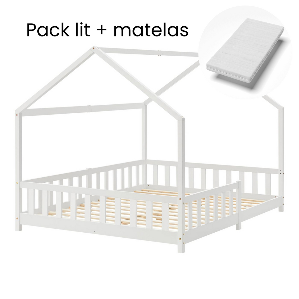 Grand lit cabane double avec barrière et matelas 140x200cm Blanc