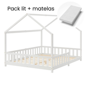 Grand lit cabane double avec barrière et matelas 140x200cm Blanc