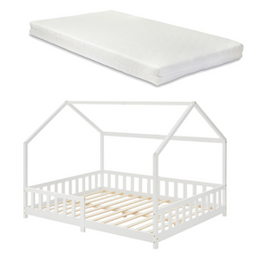 Grand lit cabane double avec barrière et matelas 140x200cm Blanc