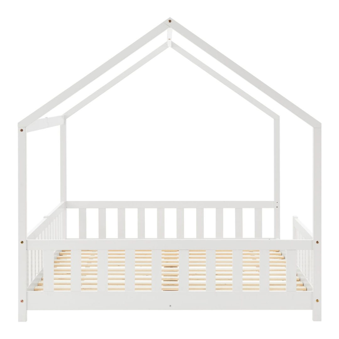 Grand lit cabane double avec barrière et matelas 140x200cm Blanc