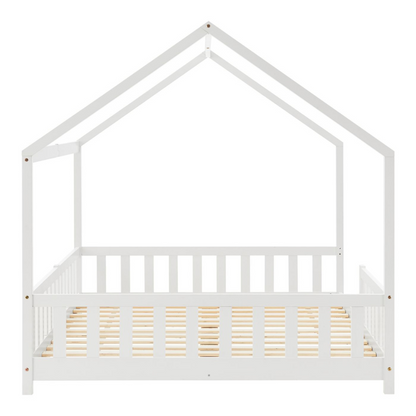 Grand lit cabane double avec barrière et matelas 140x200cm Blanc