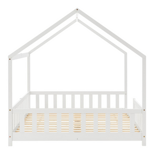 Grand lit cabane double avec barrière et matelas 140x200cm Blanc