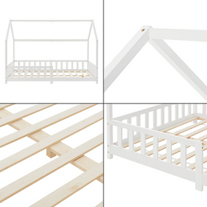 Grand lit cabane double avec barrière et matelas 140x200cm Blanc