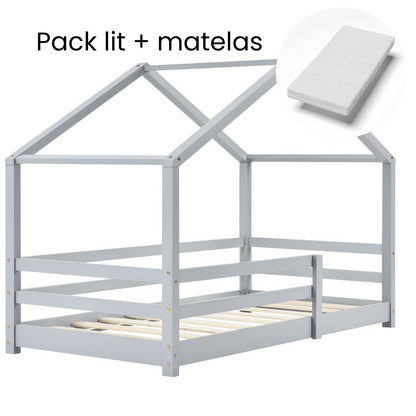 Hutbed met slagboom en matras - 70x140cm - Grijs