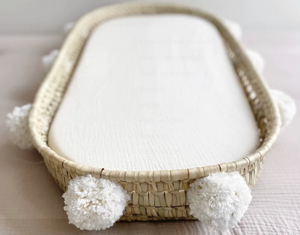 Panier à langer housse double gaze Ecru & pompons dorés