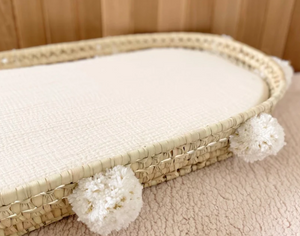 Panier à langer housse double gaze Ecru & pompons dorés