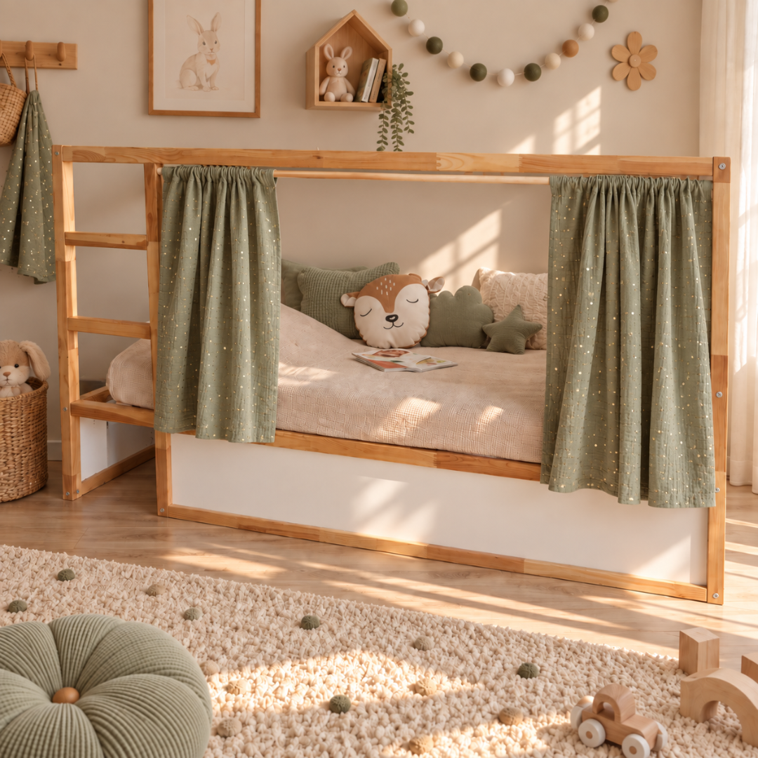 Rideaux lit Kura IKEA - Vert Kaki pois dorés