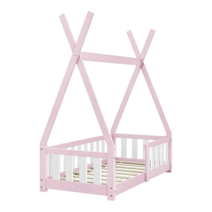 Lit tipi 70x140cm avec barrière et matelas - Rose &amp; blanc
