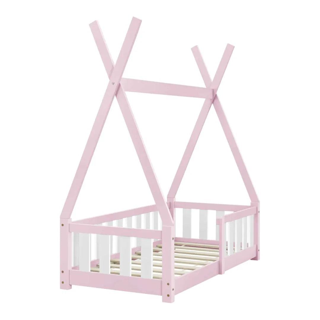 Lit tipi 70x140cm avec barrière - Rose &amp; blanc