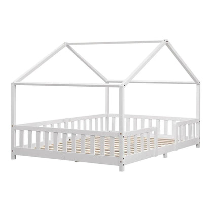 Grand lit cabane double avec barrière - 140x200cm - Blanc